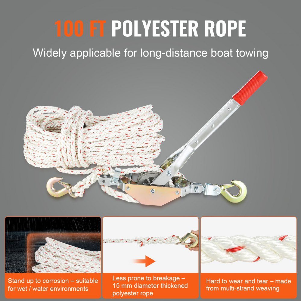 Rope Puller, 3/4 Ton Pulling Force, with 100 Feet of 5/8" Diameter Rope, 2 Hooks, Winch Included, Powerful Ratchet Pulling Tool for Moving Boats, Safe
