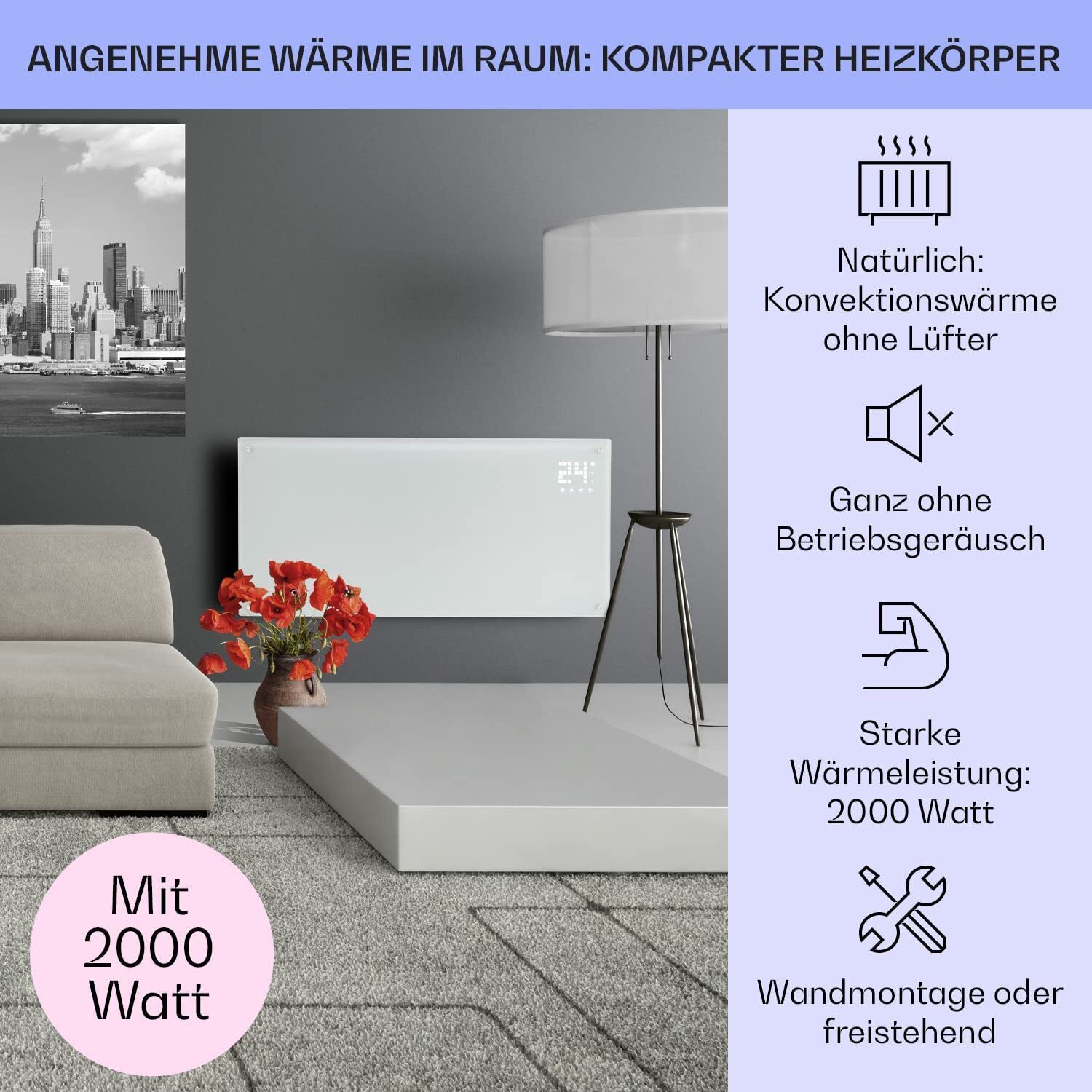 Klarstein Elektroheizung, Konvektorheizung mit Bodenrollen, mobile Elektroheizung, energiesparende, schlanke, leise Elektroheizung, freistehender Elektroheizkörper mit Thermostat, 2000 W