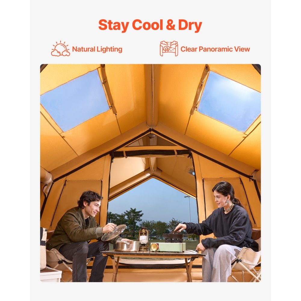 Opblaasbare kampeertent voor 8-12 personen met handpomp, glampingtent van 4,8 x 3,6 x 2,2 m met 2 dakramen, luifel, kachelaansluiting, 2 deuren en gaasramen, opbergtas