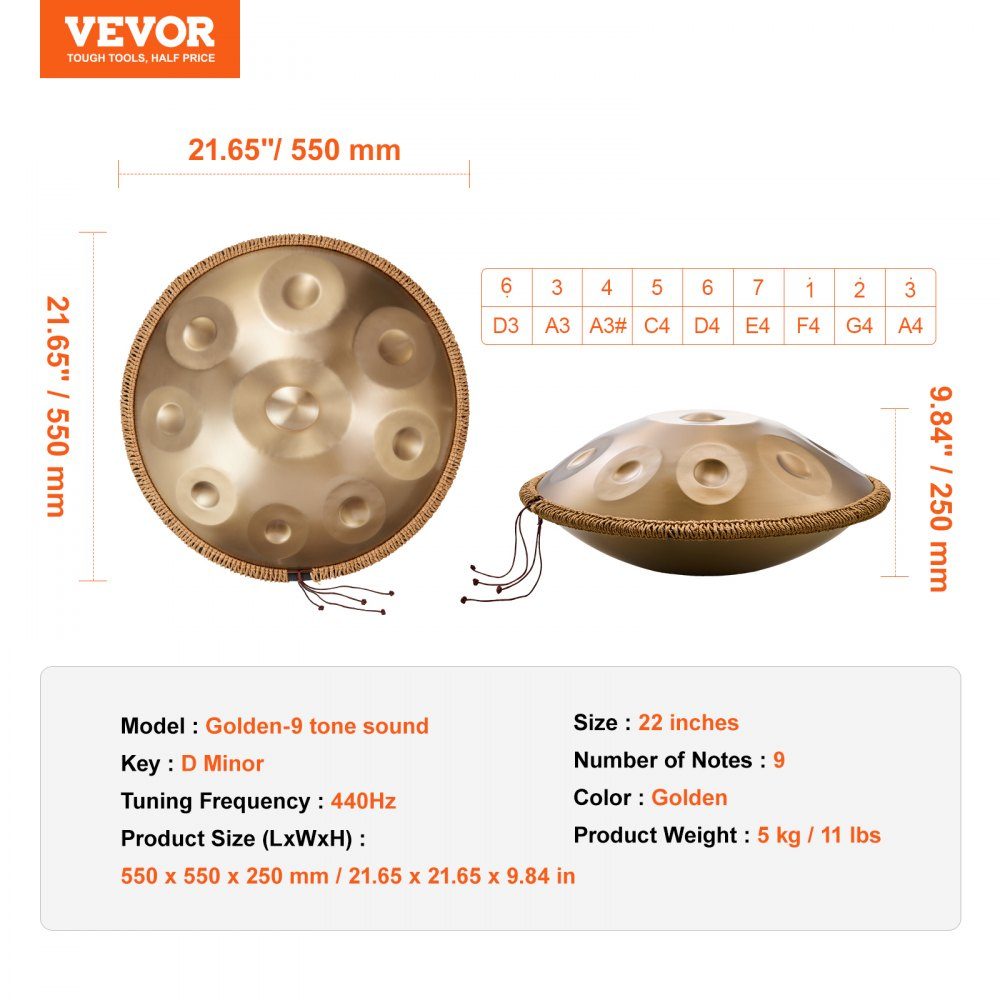 Handpan, 55 cm, 9 notes, tambour à main en ré mineur, instrument de batterie avec maillets, support de handpan 440 Hz et sac de transport, tambour sonore en acier de guérison, instruments de percussion pour adultes et débutants