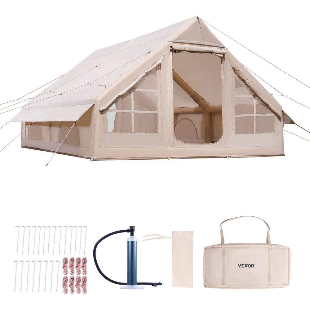 Opblaasbare kampeertenten 4 x 3 x 2 m 5-8 personen 300D Oxford glamping tent met kachelpoort, handpomp, 2 deuren en 4 gaasramen, inclusief opbergtas voor gemakkelijk transport