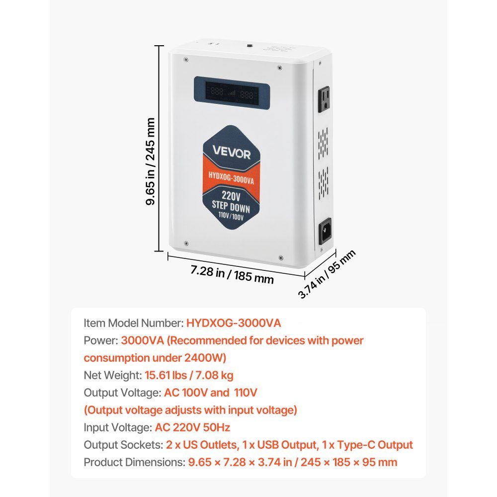 Step Down Voltage Converter 3000VA Heavy Duty Converter 220V to 110V Power Transformer with 2 US Sockets USB Output LCD Display Temperature Protection for 110V Devices