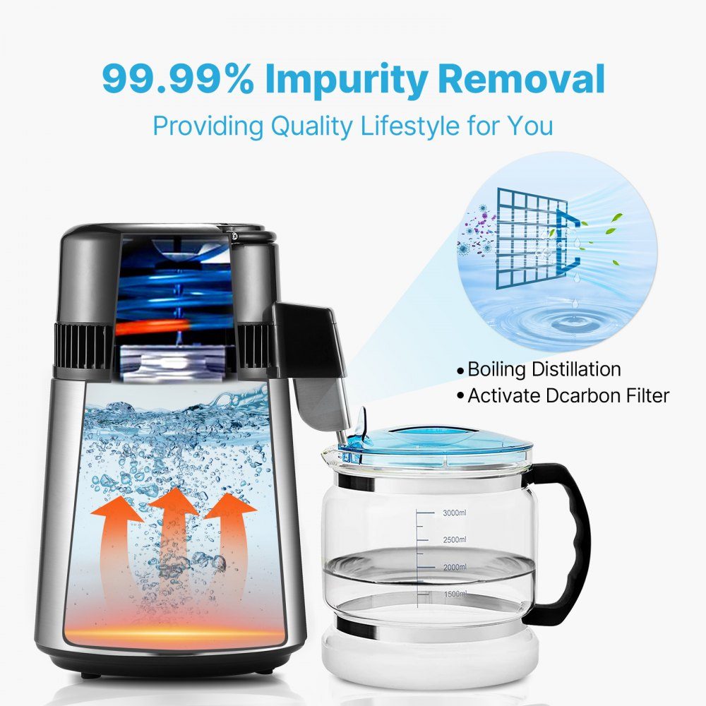 Waterdestilleerder 4L Gezuiverd waterfilter 750W Gedistilleerd water Roestvrij staal Binnendistilleerder Zilver Huishoudelijk 1L water per uur