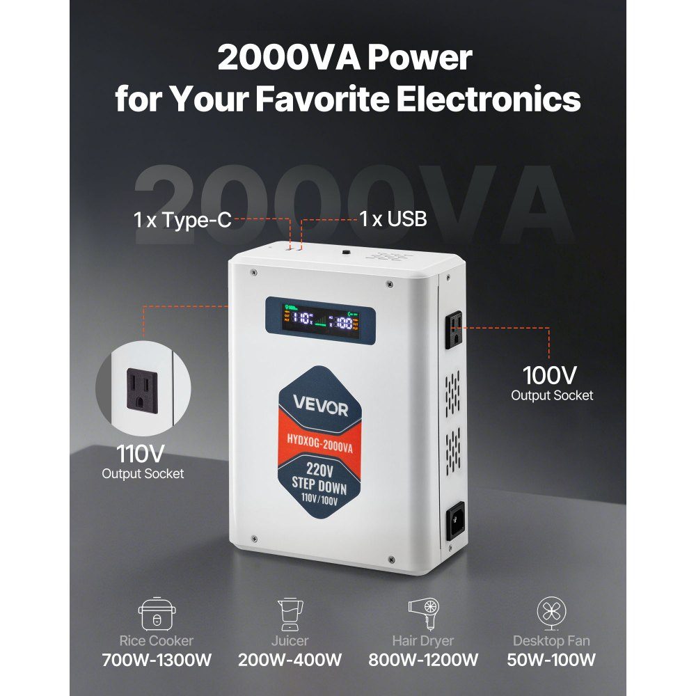 Step Down Voltage Converter 2000VA Heavy Duty Converter 220V to 110V Power Transformer with 2 US Sockets USB Output LCD Display Temperature Protection for 110V Devices
