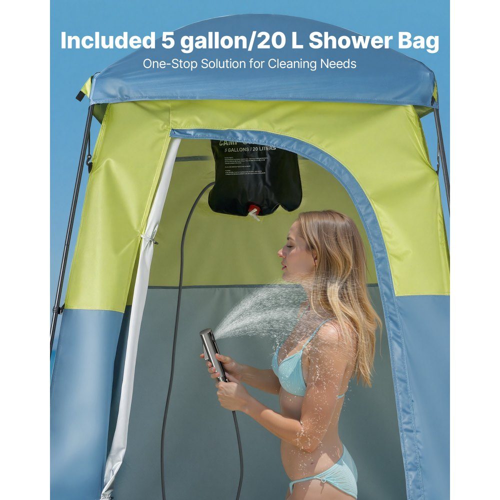 Shower tent with 1 room & shower bag, toilet tent (1676x1676x2184 mm) changing tent including pegs and ropes as well as carrying bag and support poles made of 150D Oxford fabric for camping beach fishing in green