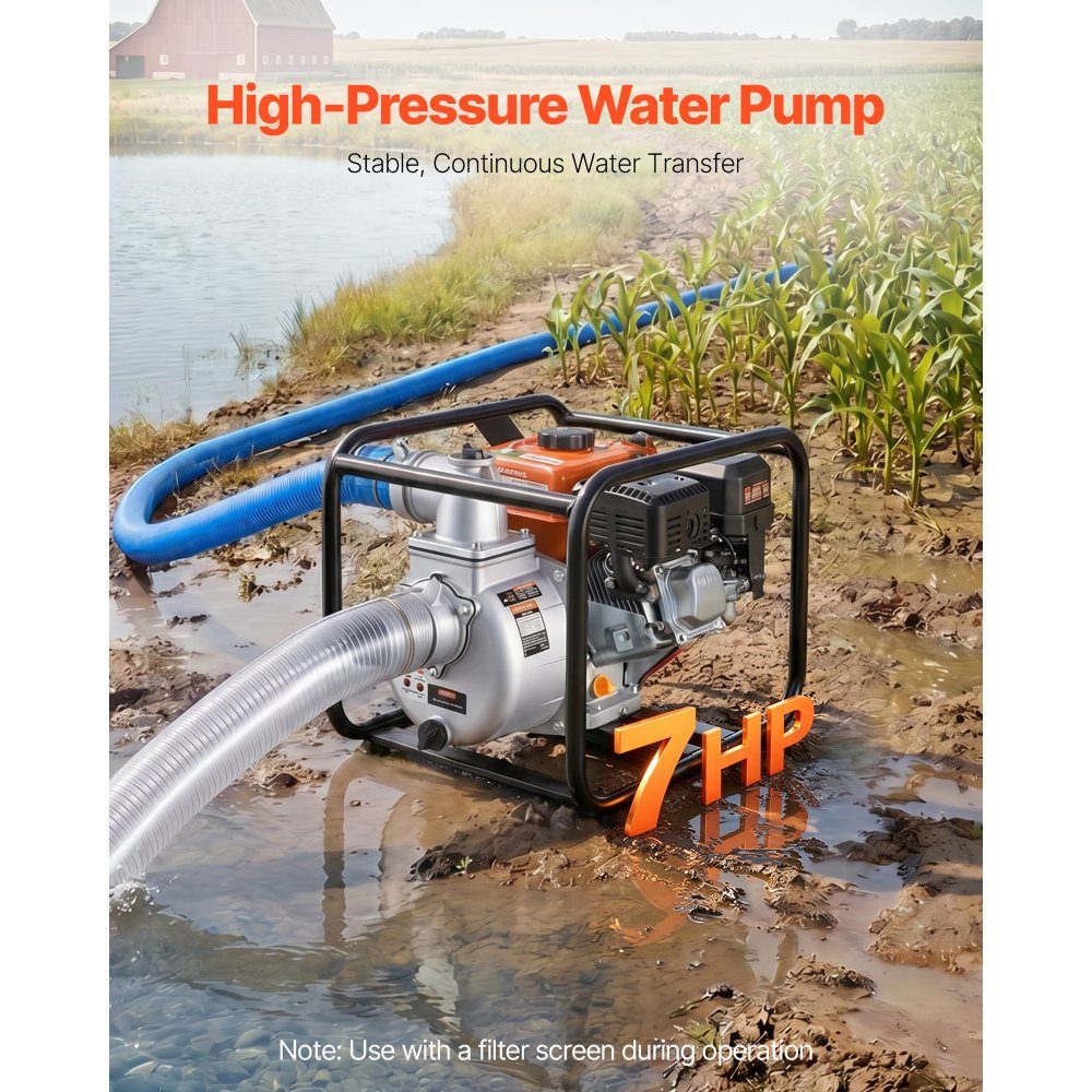 Benzin-Wasserpumpe 43 m Förderhöhe, Schmutzwasserpumpe 7 PS, tragbare Motorpumpe, Benzinmotor mit 762 cm Auslaufschlauch, Gusslaufrad, Gartenpumpe für Bewässerung, Teiche & Pools