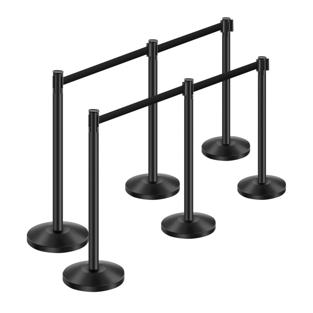 Absperrpfosten zur Massenkontrolle (6er-Pack) mit 6 einziehbaren Gurten, Absperrpfosten aus Karbonstahl mit hohler Basis für Hochzeiten, Ausstellungen, Schwarz