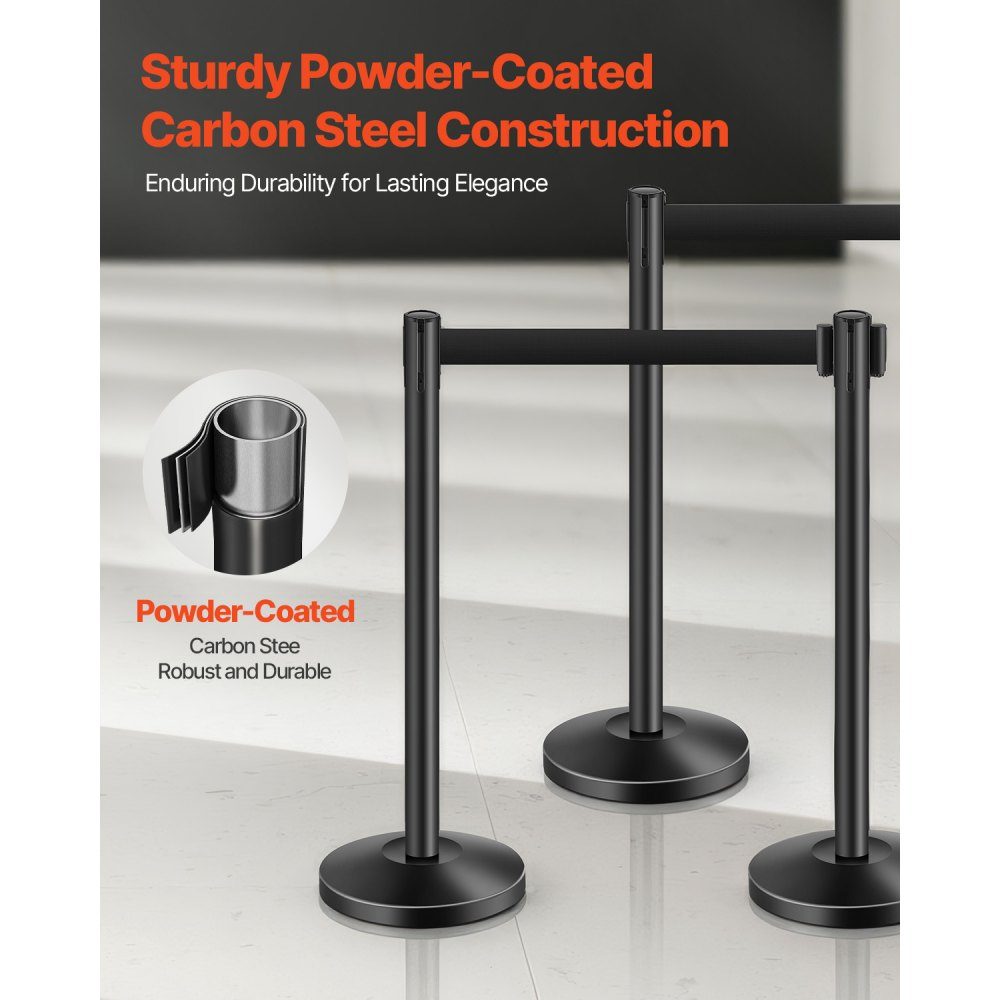 Crowd Control Barrier Posts (Pack of 4) with 4 Retractable Straps, Carbon Steel Barrier Posts with Hollow Base for Weddings, Exhibitions, Black