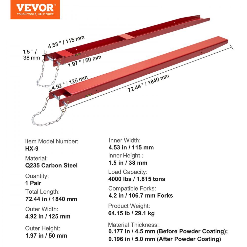 Lot de 2 extensions de fourche, extension de dents de 1 840 mm, fourches d'une capacité de 1 815 tonnes, acier au carbone Q235, conception monobloc, extension de fourche à palette, compatible avec 106-mm-Gabeln – Réf. HT-22752