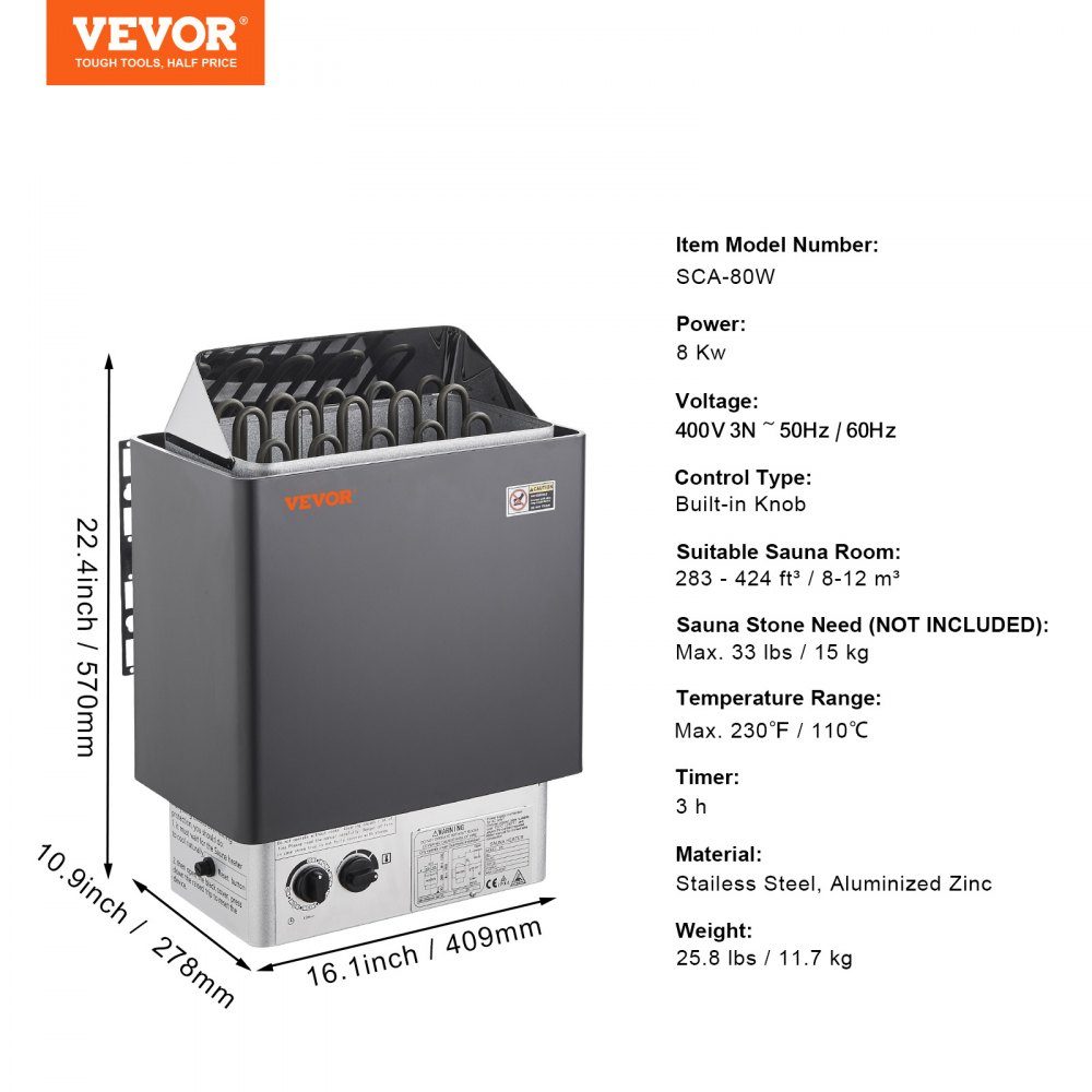Sauna Heater 8kW 400V 3N Portable Indoor Outdoor Sauna Heater with 3 Hour Timer Built-in Control for 8-12m³ Commercial Hotel Spa Use Shower Max 110°C