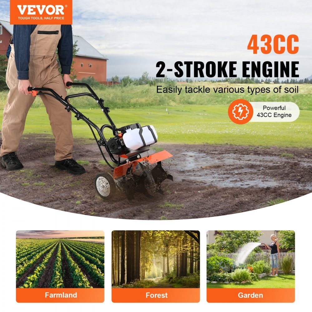Gartenfräse, 43 CC Hubraum, gasbetriebene Motorhacke, 300 mm Bearbeitungsbreite, Motorfräse, 100 mm Bearbeitungstiefe, Bodenhacke, Stahlbearbeitungsmesser, Bodenfräse, 1110 x 448 x 910 mm, Grubber
