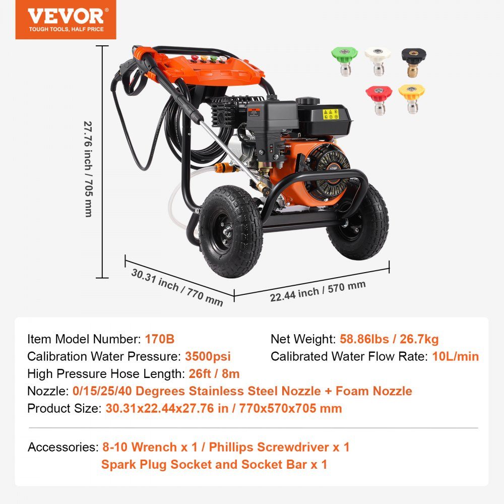 Benzin-Hochdruckreiniger, 3500 PSI 10 l/min, 2,6 GPM Terrassenreiniger mit Aluminiumpumpe, Druckpistole und Verlängerungsstab, 5-Düsen-Set, für Autos, Zäune, Häuser, Einfahrten, Terrassen