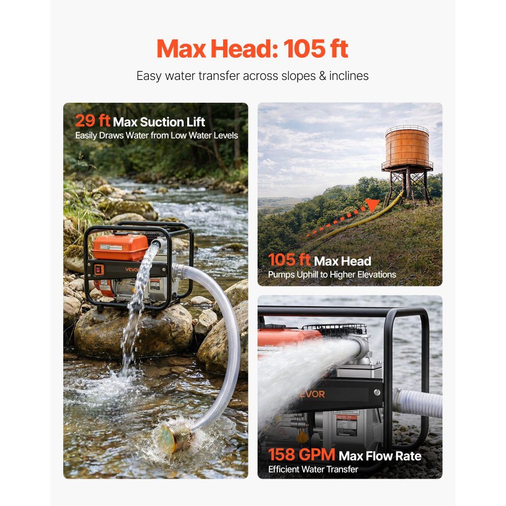 Pompe à eau essence 158 GPM, pompe à eau sale de 2 pouces, pompe à moteur de 7 HP portable avec tuyau de livraison de 25 pieds et pompe de distribution d'eau à turbine en fonte pour l'irrigation, le drainage, les chantiers de construction, les étangs