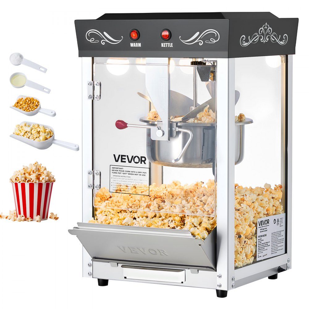 Popcorn Machine with Stainless Steel Boiler, 800W Commercial Popcorn Machine, 48 Cups per Load, Cinema Style, with 2 Button Control, Glass Wall, PC Door, 1 Scoop, 3 Spoons, Black