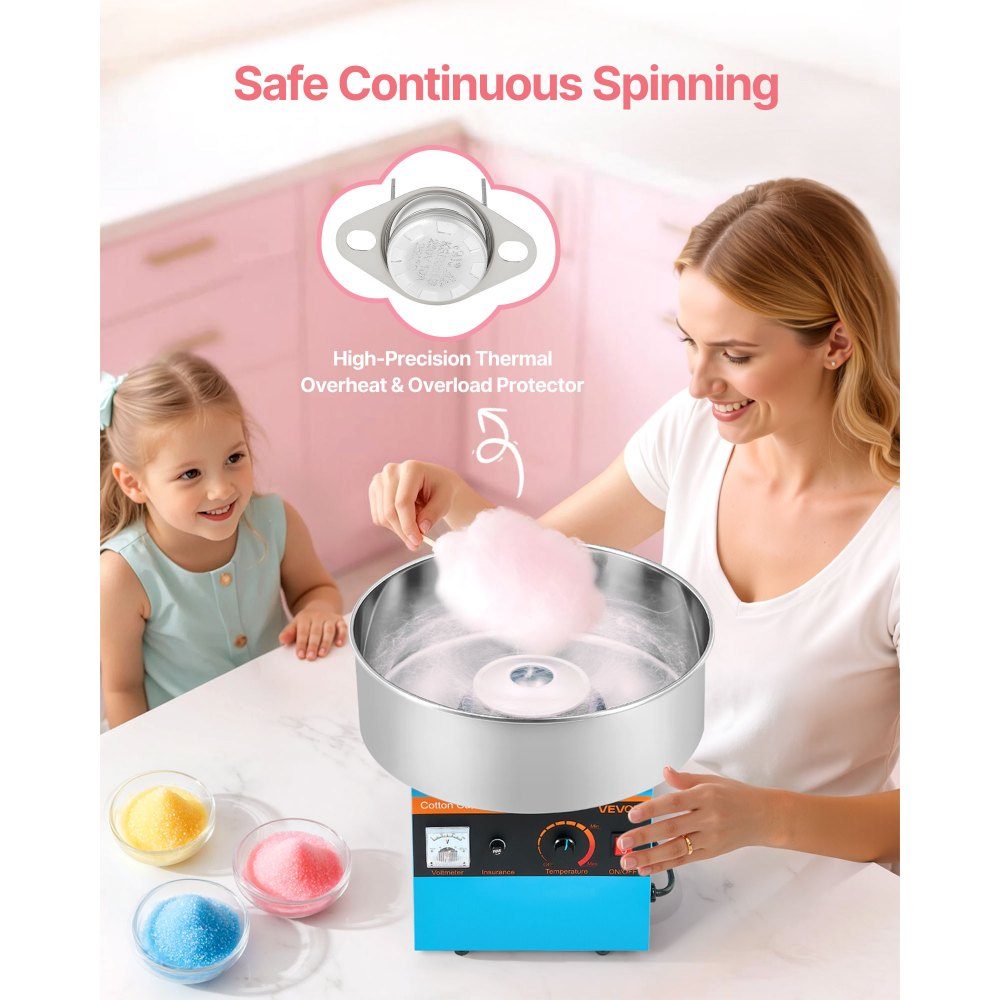 Cotton Candy Machine, 1000W Electric Cotton Candy Machine with 38cm Stainless Steel Bowl and Candy Spoon, Makes Cotton Candy for Home Birthdays, Family Reunions, Blue, 3500RPM