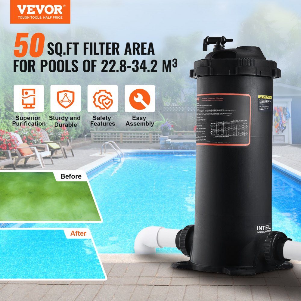 Cartridge Pool Filter, 380 x 380 x 710mm Integrated Pool Filter, Above Ground Swimming Pool Filtration Filter System with Upgrade Filter and Leakproof Housing for Hot Tubs, Spa Inflatable Pools