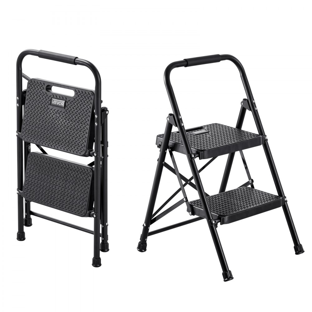 Step Ladder 2 Steps, Folding Ladder with Anti-Slip Steps & Comfortable Handle, Household Ladder with Load Capacity of 272 kg, Folding Step, Safety Ladder for Kitchen, Home & Office, Black