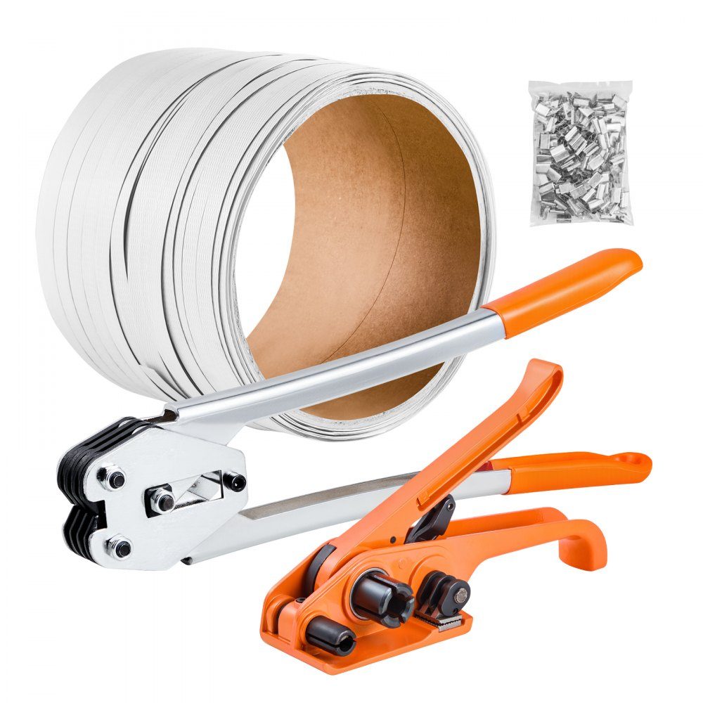 4-piece strapping set with strapping tape, manual strapping tool with 100 m PET tape, 100 metal clips & cutters, ideal workshop equipment for industrial packaging, transport & storage