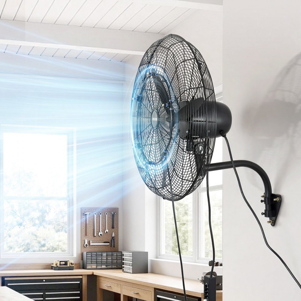 110W Industrial Wall Fan 67cm 7m/s Oscillating Wall Fan with 3 Mist Levels and Adjustable Tilt Angle Commercial Industrial Fan for Workshop Garage Warehouse Gym Black