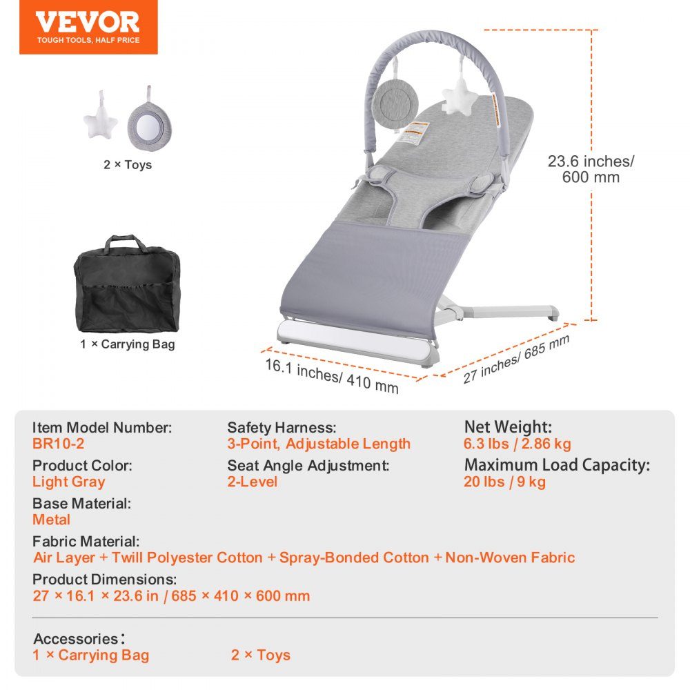 Berceuse pour bébé, balançoire pliante pour bébés de 0 à 9 mois, chaise à bascule avec 2 angles d'inclinaison et barre de jeu rotative, balançoire pour bébé avec sac de voyage pour l'intérieur et l'extérieur, 685x410x600mm