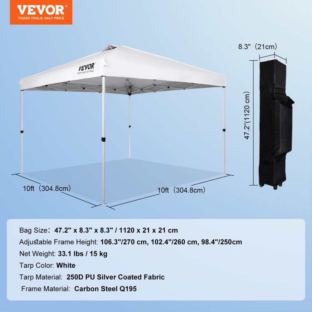 Tonnelle de jardin 120" x 120" x 120" Tente de jardin en tissu enduit d'argent PU 250D tonnelle pliante avec sac de rangement tente de fête tente pop-up pour 6-8 personnes tonnelle de jardin blanche pour voyage de camping