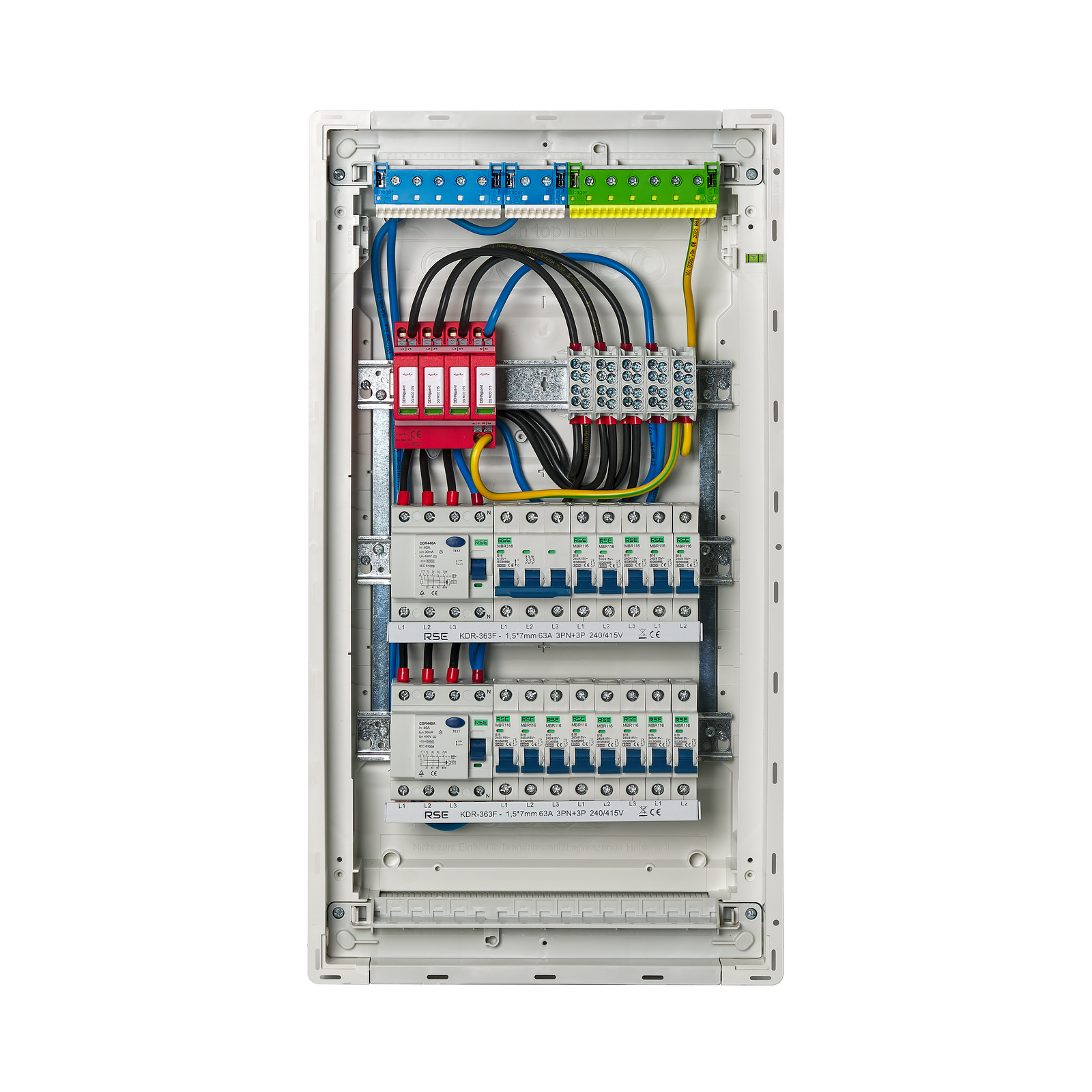 Meter cabinet, fuse box, distribution box, construction site electricity Hager sub-distribution, flush-mounted cavity wall, surge protection, wired Hager VU36NC
