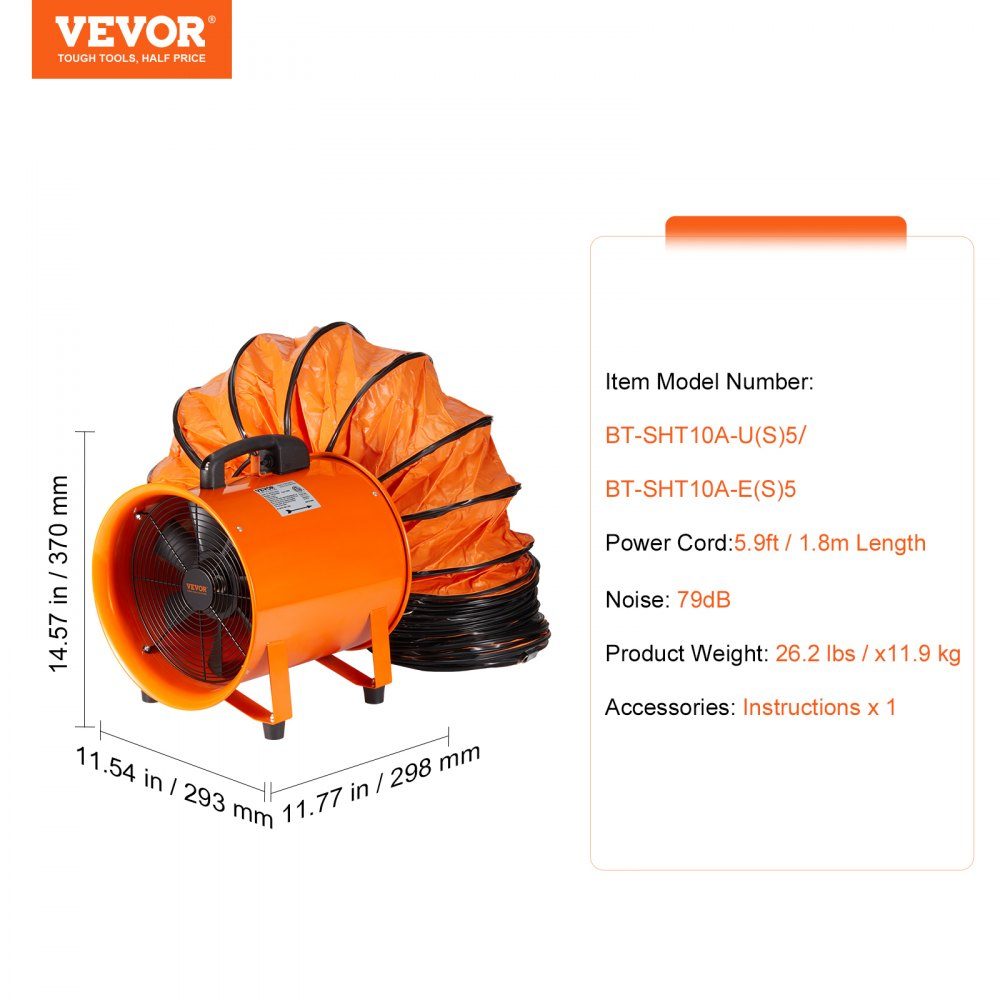 Bauventilator 255 W AC-Motor Bauventilator 2830 U/min Bauventilator Gebläse 1720 CFM (2922 m3/h) Axialventilator mit 5 m Schlauch Axialventilator 79 dB Geräuschpegel Industrieventilator