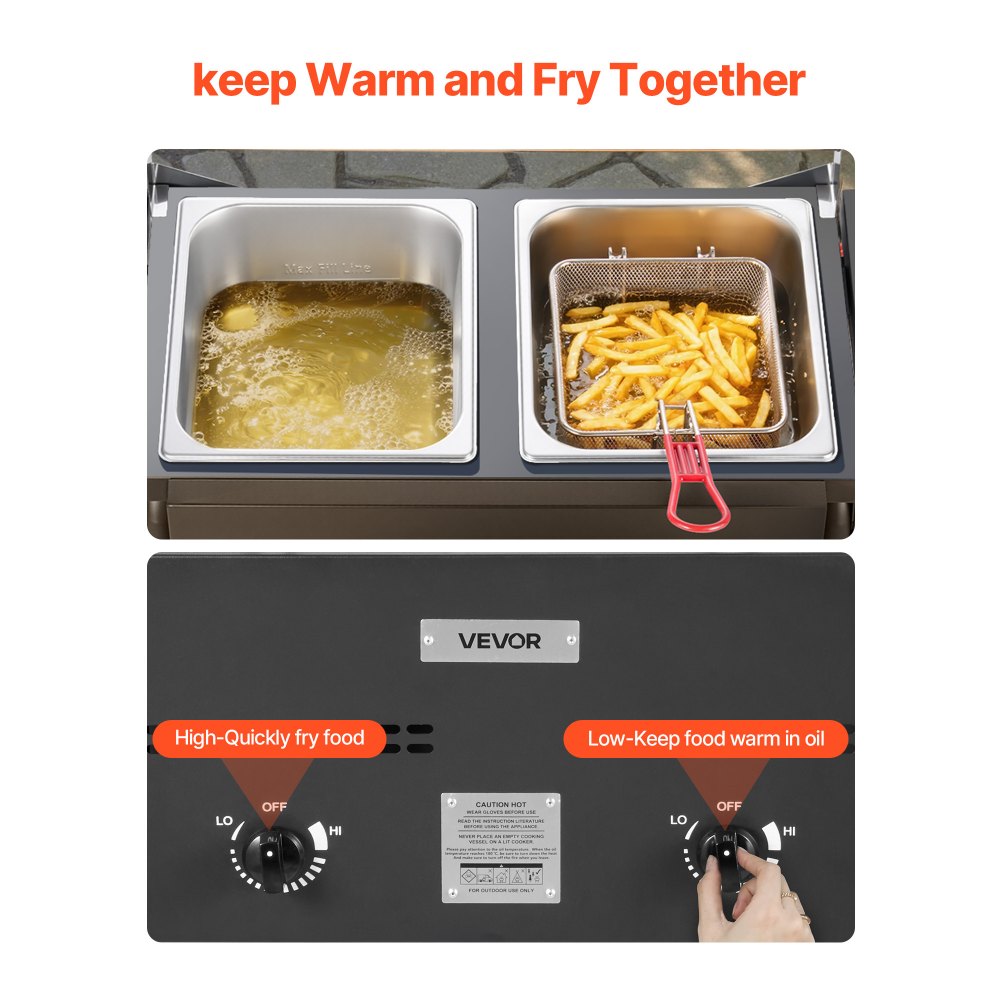 Friteuse commerciale d'extérieur au propane avec 2 réservoirs (9 L x 2), cuisinière en acier inoxydable avec plate-forme pliable, double panier et contrôle de la chaleur, friteuses autoportantes pour restaurants, snack-bars Friteuse commerciale d'extérieur au propane avec 2 réservoirs (9 L x 2), cuisinière en acier inoxydable avec plate-forme pliable, double panier et contrôle de la chaleur, friteuses autoportantes pour restaurants, snack-bars