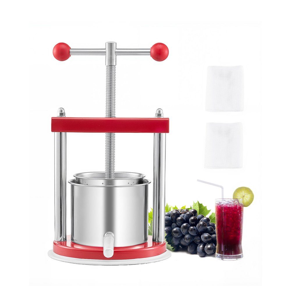 Obstweinpresse, Obstmühle, Apfelmühle (1,65 l) mit 2 Edelstahlfässern, manuelle Entsafter, Apfelweinpresse, Saftpresse, Apfelpresse, Traubenpresse, Olivenölpresse mit T-Griff für Küche