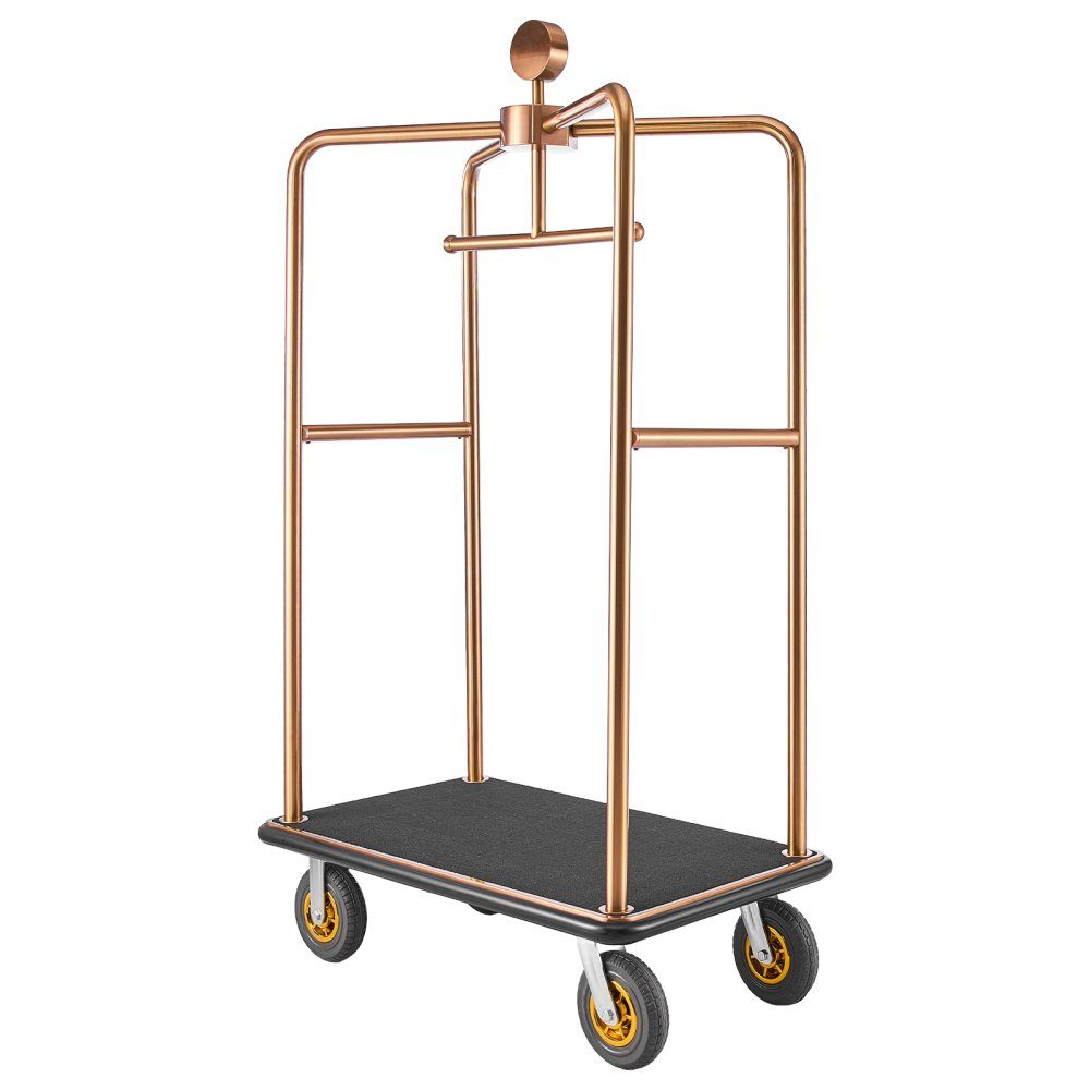 Chariot à bagages d'hôtel en acier inoxydable, chariot à bagages robuste de 1 000 livres avec roues en caoutchouc de 8", chariot d'hôtel avec tapis noir et porte-manteau, chariot à bagages pour hôtels et centres de villégiature, or rose – Réf. HT-23183