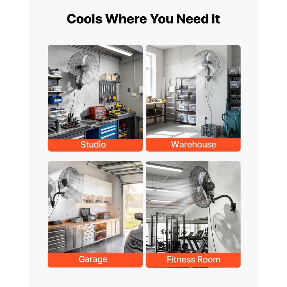 65W Industrial Wall Fan 57cm 6m/s Oscillating Wall Fan with 3 Levels and Adjustable Tilt Angle Commercial Industrial Fan for Workshop Garage Warehouse Gym Black