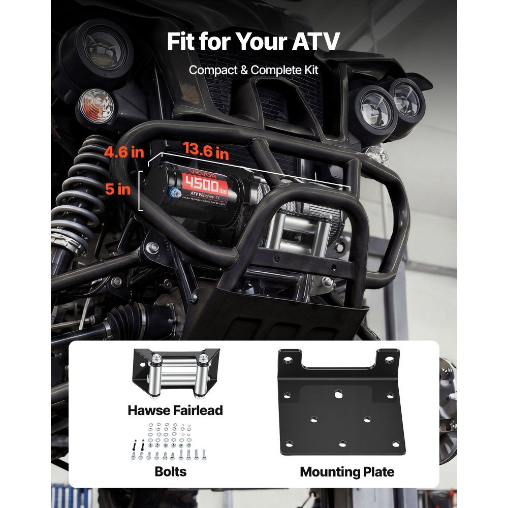 Electric Winch 2041kg 12V DC Motor Winch with Φ5.8mm x 12m Steel Cable, Wireless and Wired Remote Control, IP55 Electric Winch for Towing ATVs, UTVs and ATVs
