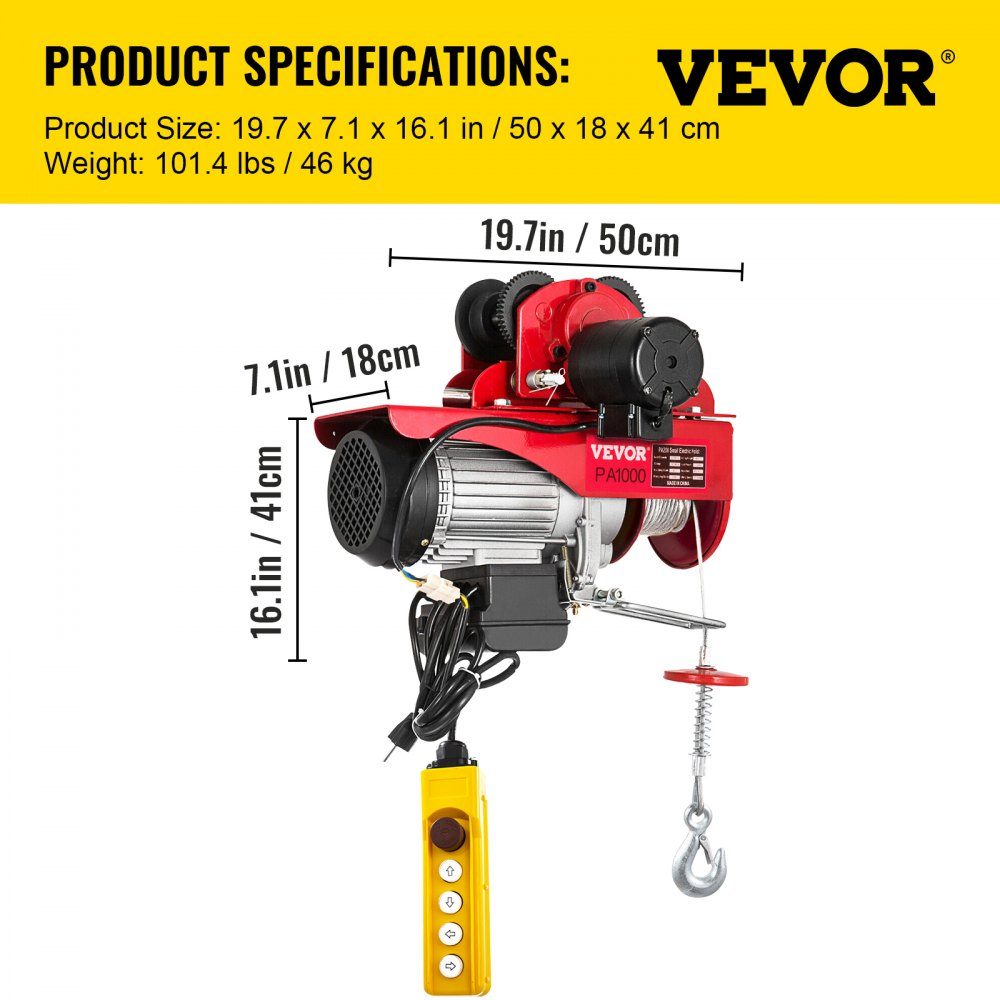 Elektrische lier 220V elektrische kettingtakel 1000 kg 1800 W met bedrade afstandsbediening 1,4 m elektrische lier voor werkplaats, garage, magazijn, industrieel hijsen van zware lasten – Artikelnr. HT-22271