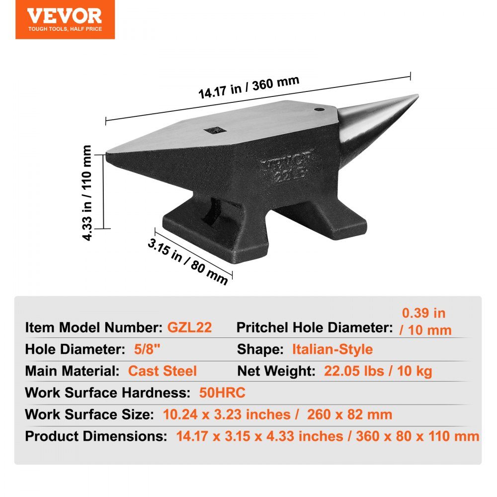 Amboss, einzelner Hornamboss, 10 kg, Stahlamboss, geschmiedeter Amboss, robuster Hornamboss, Schmied, Juweliere, Metallschmied, Schmiedewerkzeug. Geeignet zum Nieten, Abflachen, Schmieden und Formen