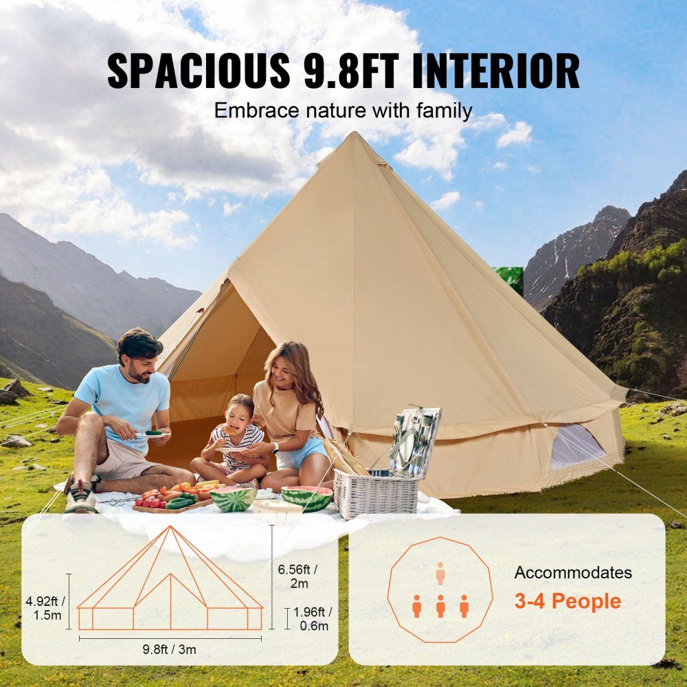 Canvas Bell Tent 3m 4 Seizoenen Canvas Tent voor kamperen met kachelaansluiting