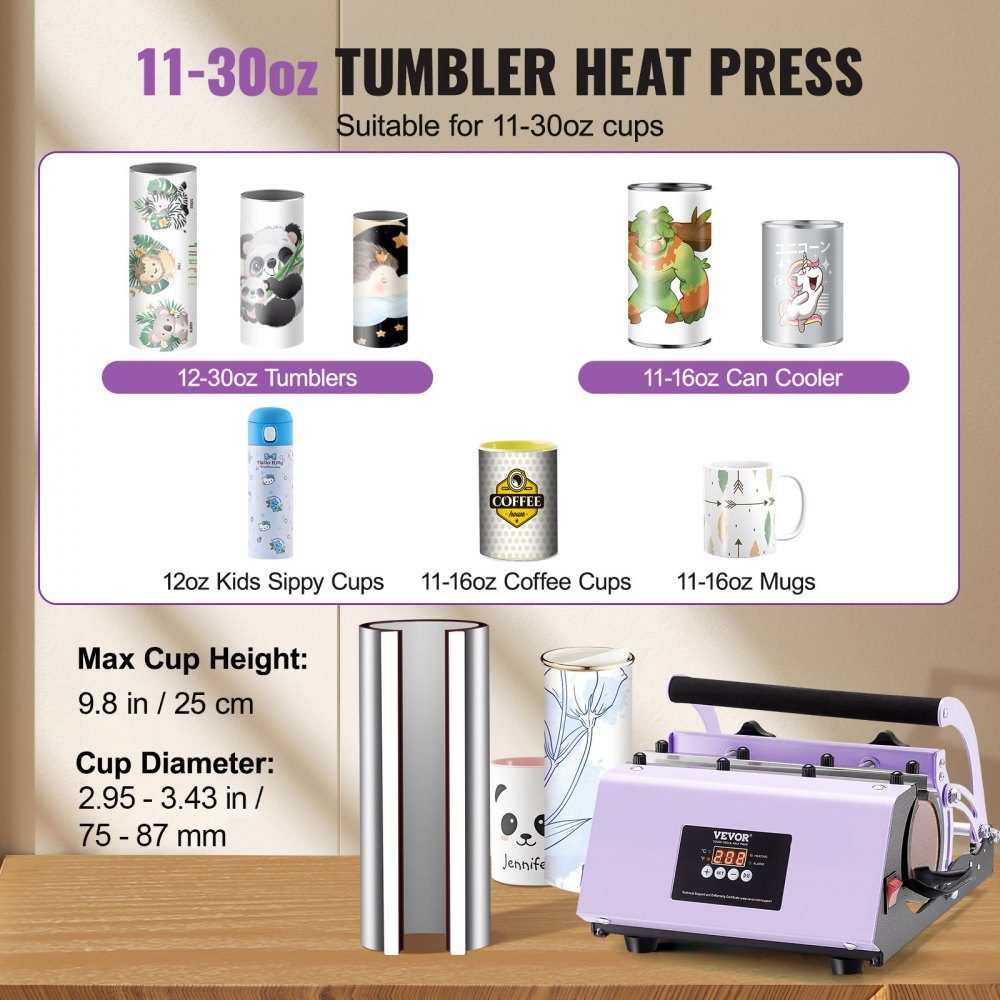 Tumbler Heat Press, 11-30oz mokpers, verwarmt snel en gelijkmatig, Tumbler Press met sublimatiepapier, tape en handschoenen, temperatuur- en tijdinstelling