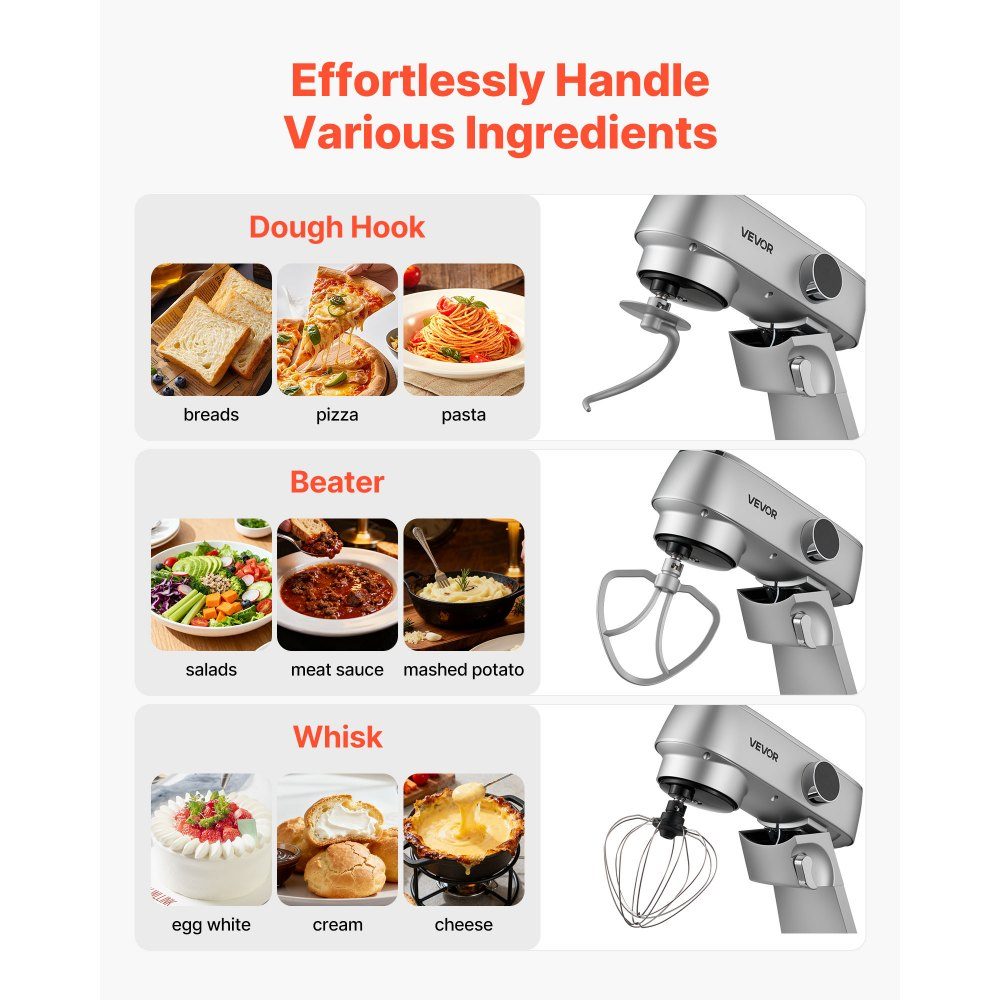 Kneading machine, food processor for baking, 1800 W dough machine with stainless steel bowls (7.4 l) and dough hook, beater and whisk, 10-way adjustable tilt mixer, stand mixer