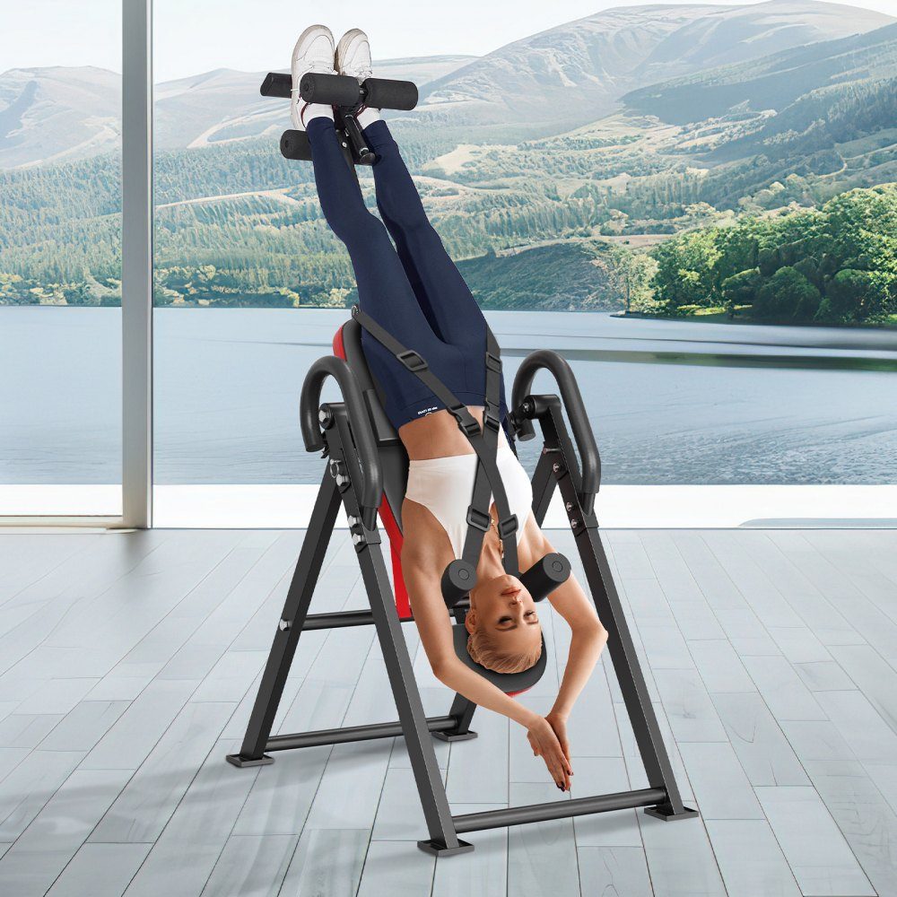Inversion table, inversion bench, 136 kg load capacity, multifunctional back trainer, folding strength training device with headrest, ankle lock, adjustable protective belt, red + black