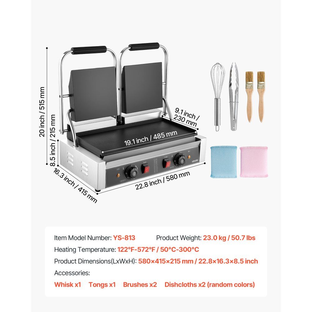 Gewerblicher Kontaktgrill 3600 W Elektrogrill Sandwichmaker (doppelte Backplatten) Paninipresse aus Edelstahl mit Temperaturregelung, 48 x 23 cm flache Emailleplatte, für Hamburger-Steak-Speck