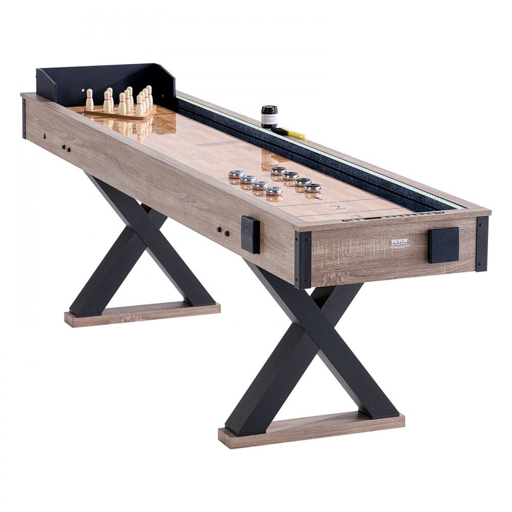 Shuffleboard Table, 9ft Shuffleboard with LED Lights for Family Game Room, 2 in 1 Shuffleboard and Bowling Combo Game Set, with Anti-Scratch Board, Legs, 8 Pucks, Bowling Set, Wax, Brush