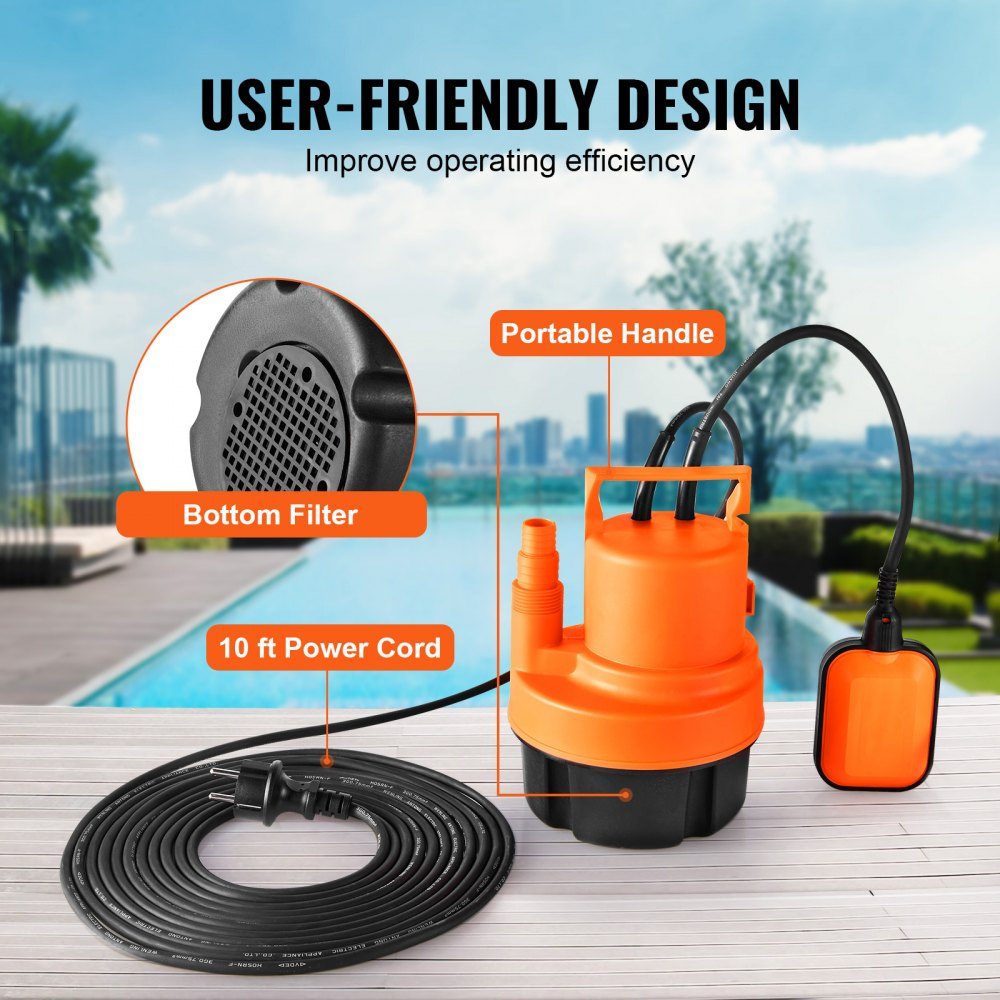 Water Pump 320W 6000L/H High Flow 7m Head Submersible Pump Multipurpose Portable Pump with 3m Power Cord for Pumping Water from Swimming Pool, Garden Pond, Basement