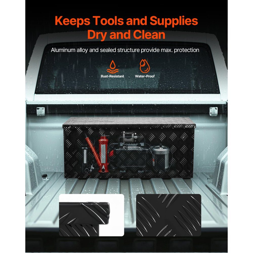 Aluminum Truck Bed Tool Box Striped Tool Box (899x370x370mm) with Side Handle and Pull Out Shelf Trailer Storage Organizer Black