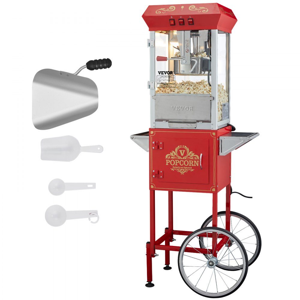 Maszyna do popcornu, Maszyna do popcornu, Maszyna do popcornu z wózkiem, Maszyna do popcornu 850 W, Czajnik 8 uncji na 48 filiżanek na załadunek, Maszyna do popcornu z hartowanym szkłem, Zawiera 4 kulki, Styl kinowy, Czerwony