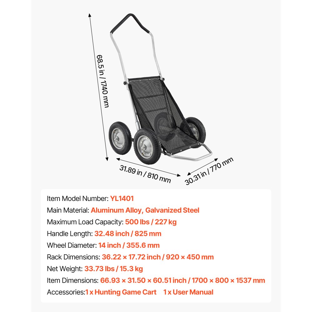 Chariot de transport Wagon de gibier 227 kg, chariot de transport robuste tout-terrain, chariot de gibier pliable avec pneus amortisseurs, chariot de transport pour la chasse, la pêche, la randonnée Chariot de transport Wagon de gibier 227 kg, chariot de transport robuste tout-terrain, chariot de gibier pliable avec pneus amortisseurs, chariot de transport pour la chasse, la pêche, la randonnée