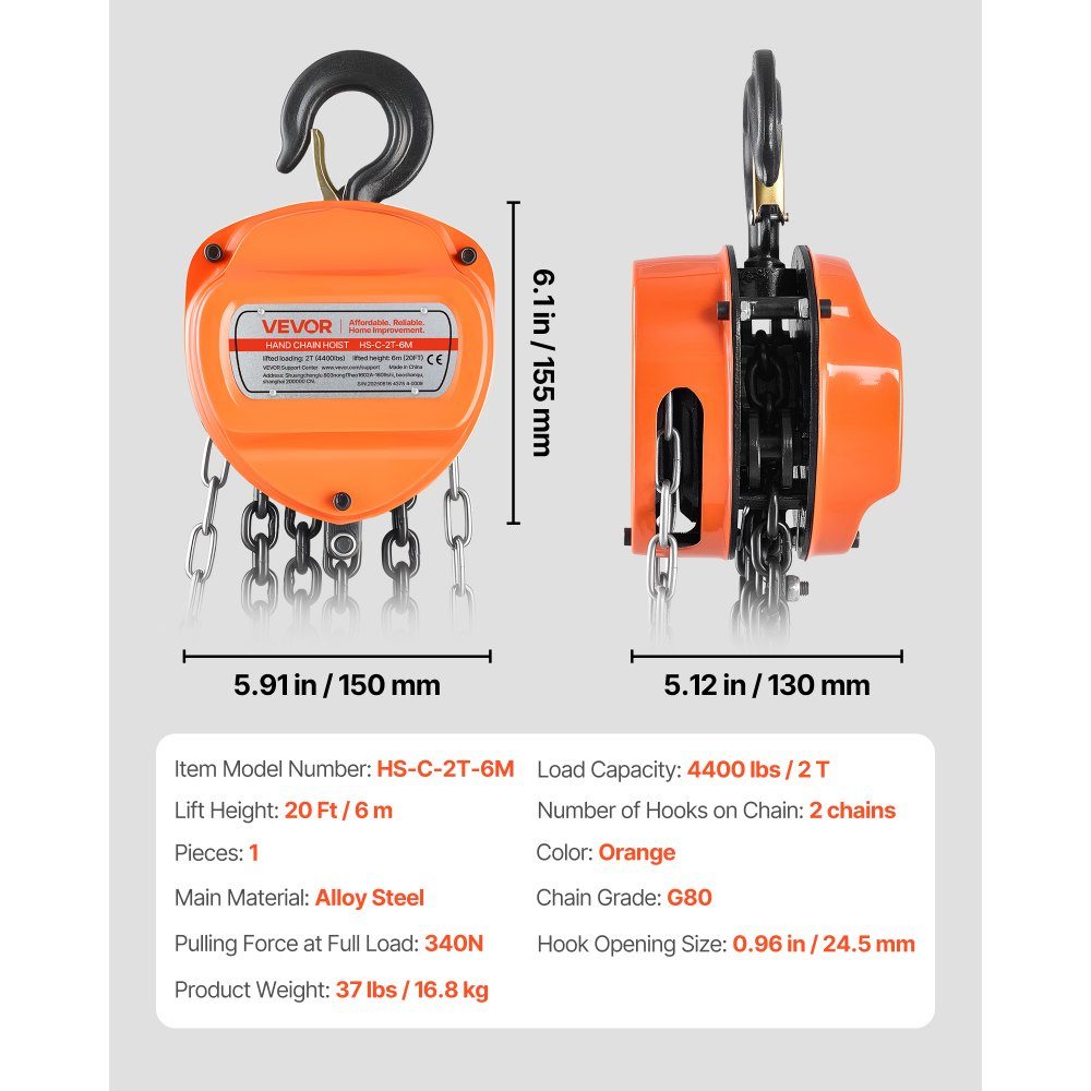 2T lastkettingtakel Handkettingtakel 6m hefhoogtetakel met G80-ketting Zwaar uitgevoerde katrol Handmatige takels Kettingkatrol voor garagemagazijn Automobielmachines Oranje