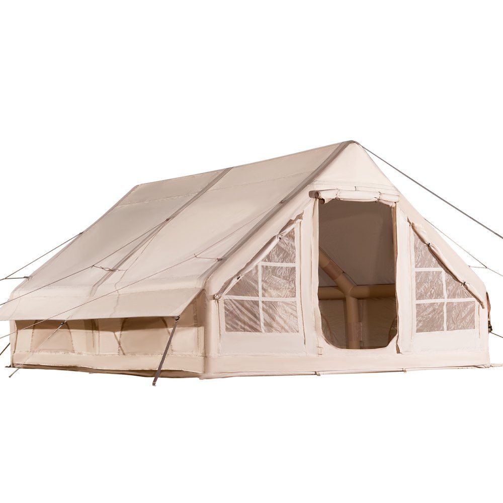 Opblaasbare kampeertenten 4 x 3 x 2 m 5-8 personen 300D Oxford glamping tent met kachelpoort, handpomp, 2 deuren en 4 gaasramen, inclusief opbergtas voor gemakkelijk transport