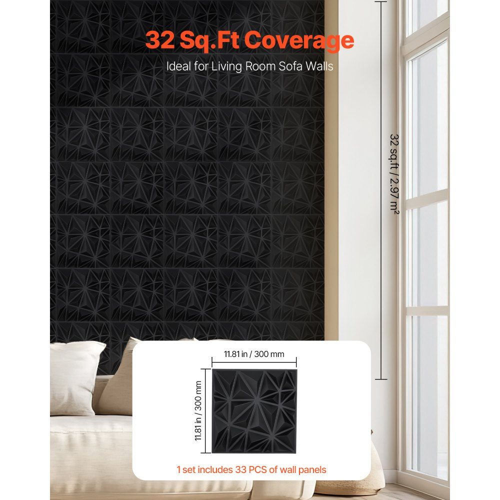Zestaw paneli ściennych 3D 33 paneli ściennych 30x30 cm PCV Nowoczesne minimalistyczne panele ścienne 2,97 m² Dekoracja ścienna Wnętrze do sufitu Sypialnia Salon Pokój zabaw Matowy czarny