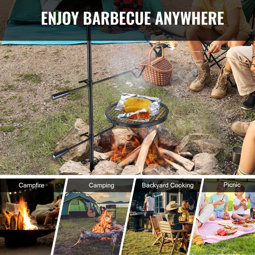 Drehspieß-Schwenkgrill aus Stahl 360 x 360 mm, Holzkohlegrill, doppellagiger Grillrost, Grillrost, 6 kg Tragkraft, 300 ℃, freistehender Spießbratengrill, BBQ-Grill, Grillwagen, Grill im Freien