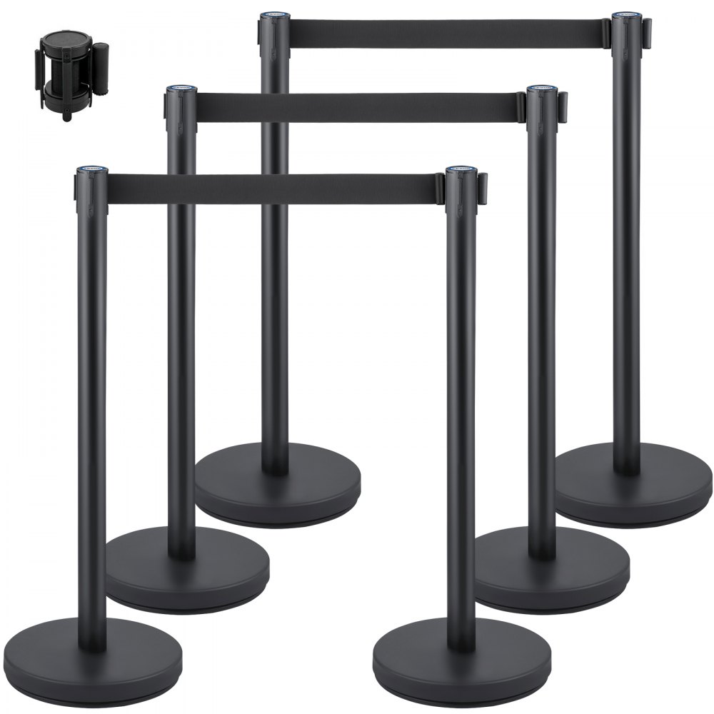Pack of 6 people guidance system barrier stands made of iron and steel, black belt length, barrier tape, barrier post, queue crowd control post, demarcation post 33 kg for division