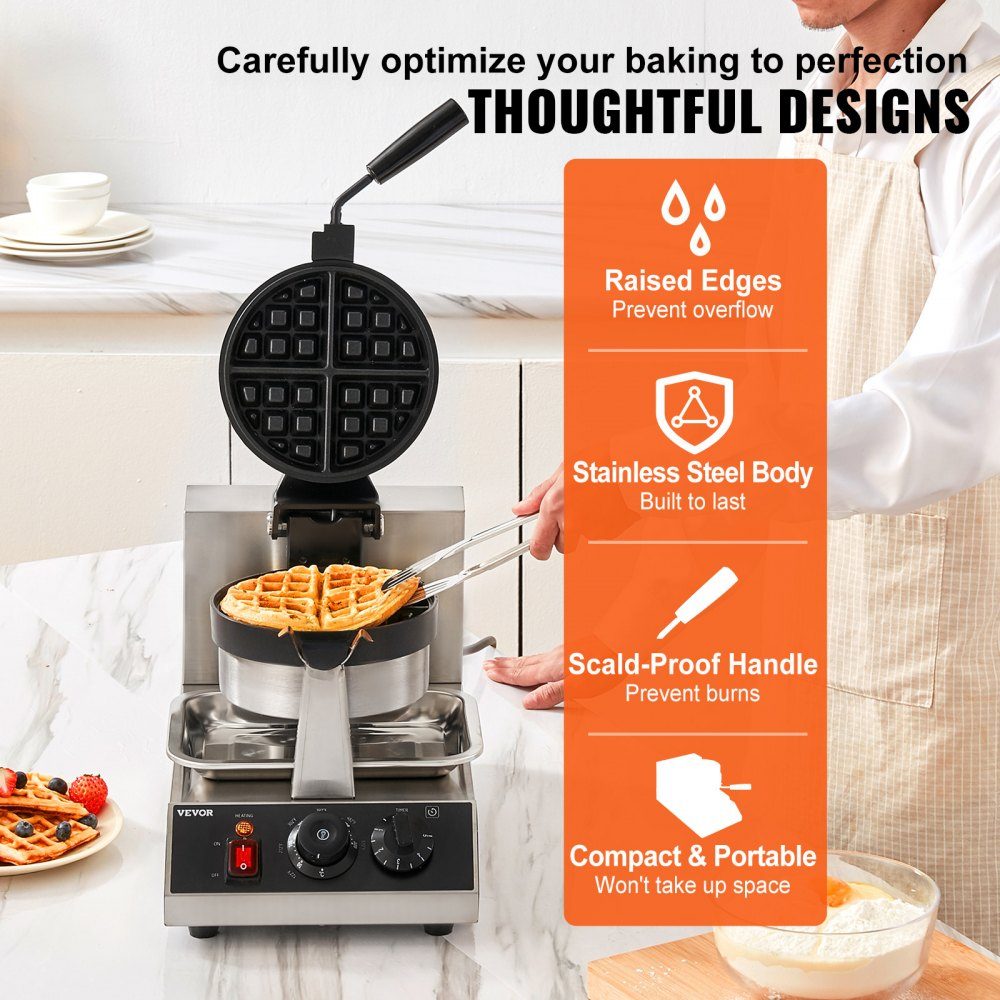 Round waffle iron waffle 1300 W, contact grill Belgian waffle iron 4 pieces. Stainless steel waffle machine including food clip, brushes and anti-scald handle, for cafes, restaurants etc
